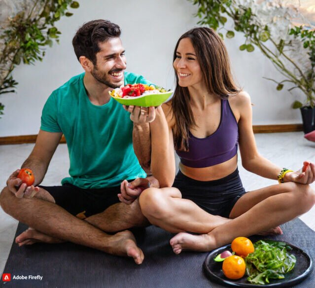 Firefly Mindfulness Training Helps People Eat a More Heart-Healthy Diet; loving couple practice yoga